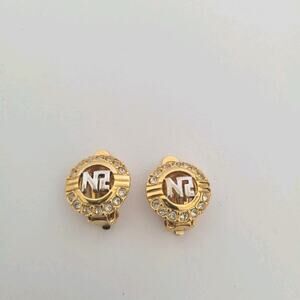 Vintage Nina Ricci Rhinestone Gold Tone Clip On Earrings Round Logo Small Glam